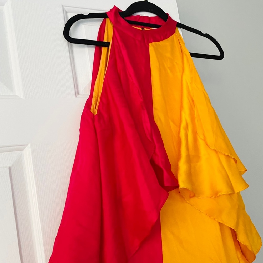 Pinnacle By Shruti Sancheti Mock-Neck Colorblock Ruffle Dress, Size S - Picture 7 of 8